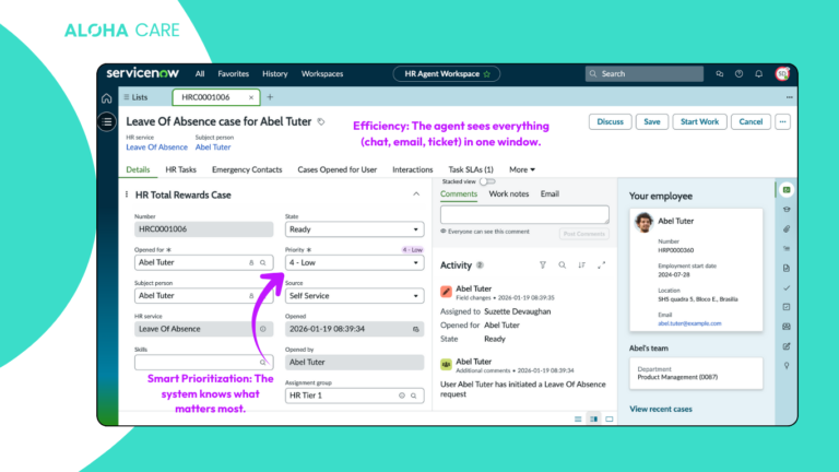 ServiceNow HRSD Agent Workspace dashboard helping HR teams manage cases with a unified view
