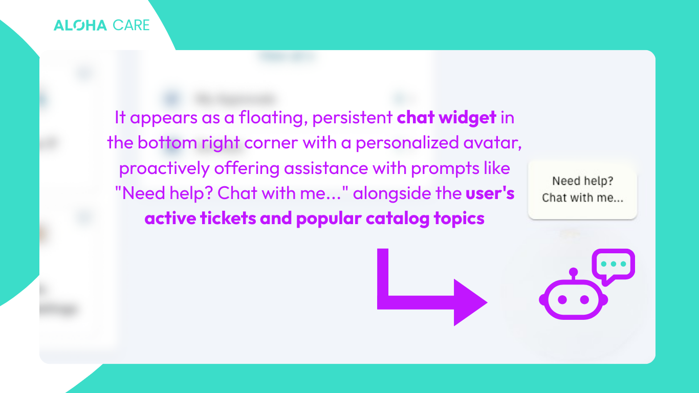 Example of how the Moveworks Bot operate as a central conversational interface fot autonomous IT support and task resolution. We can see a persistent chat widget in the bottom right corter of the portal.
