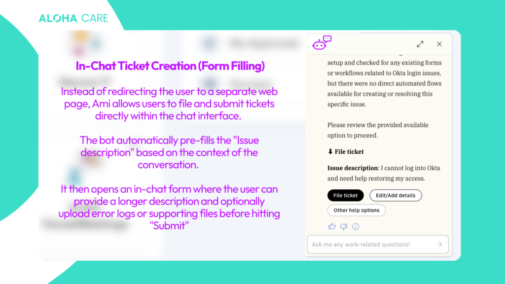 Example of a easy ticket submission at the Moveworks AI BOT interface.