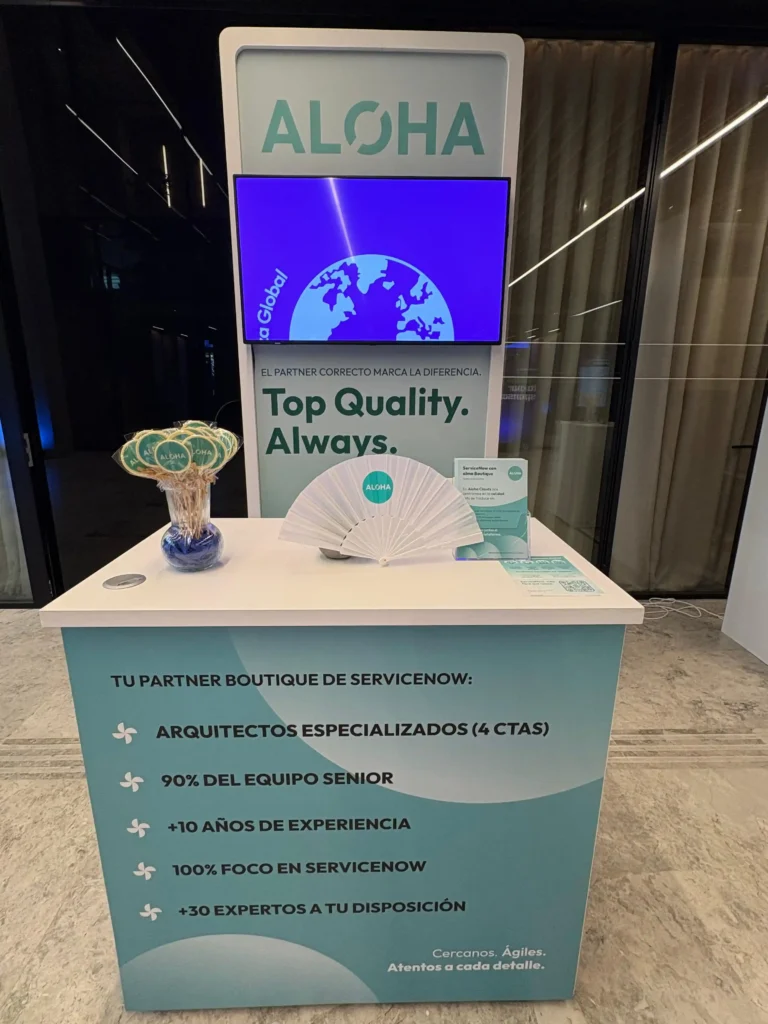 Booth of Aloha Clouds at the ServiceNow "Put AI to Work" Summit in Madrid 2026.